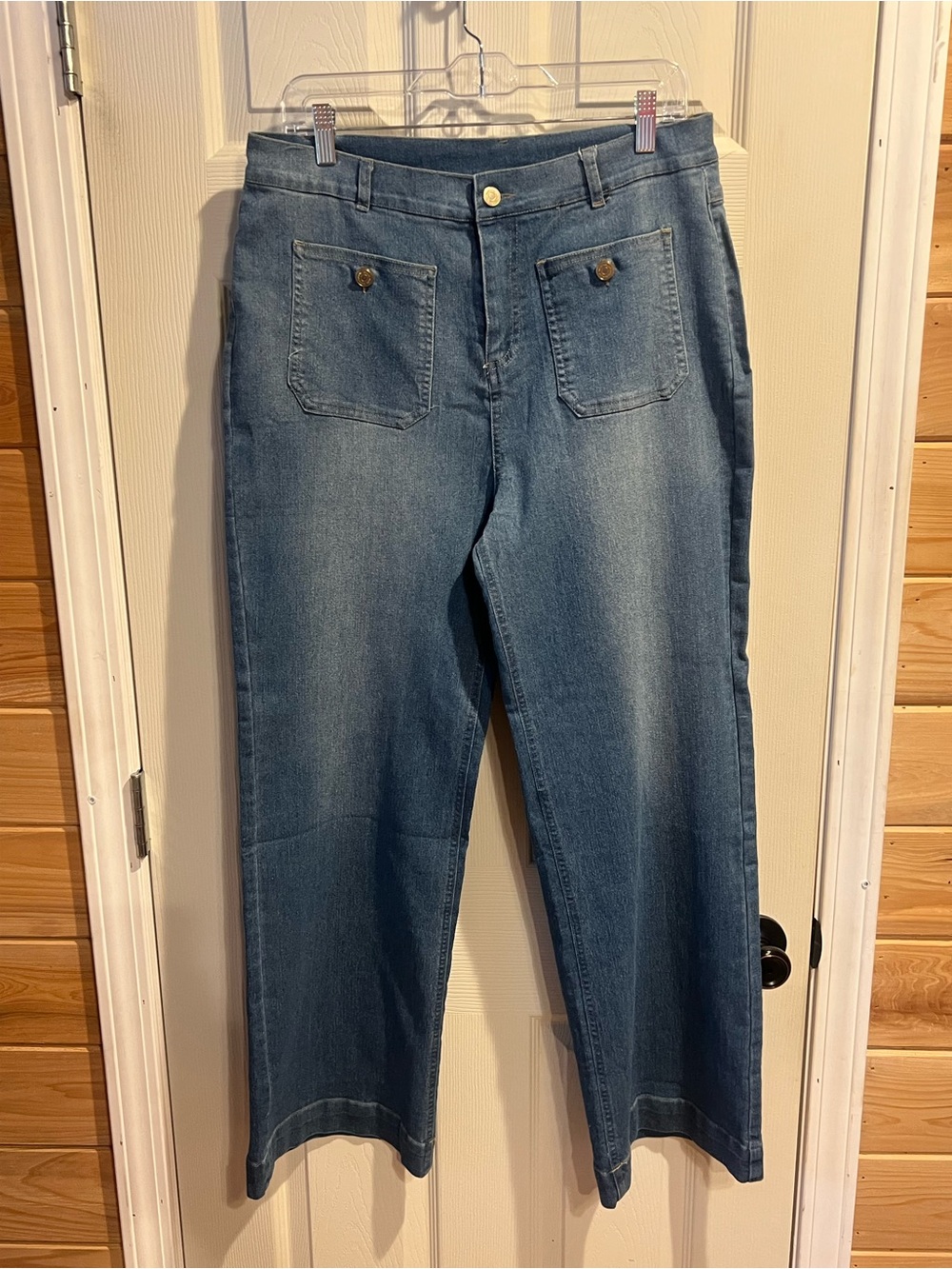Unk Women's Blue Flare Jeans with Front Patch Pockets